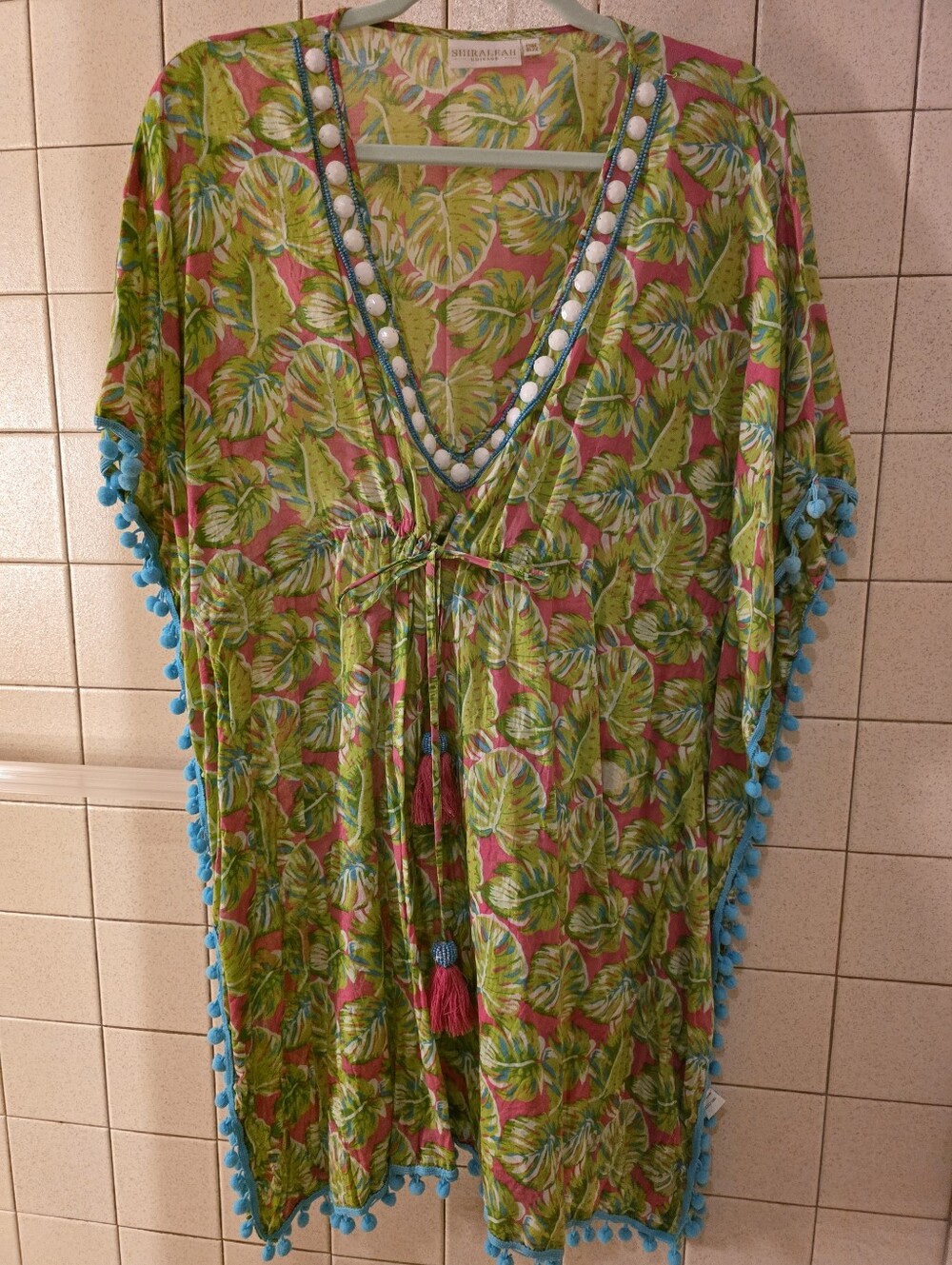 SHIRALEAH Tropical Leaf Pom-Pom Cover-Up/ tunic in Pink & Green